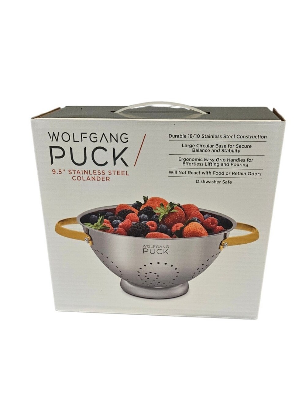 Wolfgang Puck 9.5” Stainless Steel Colander Gold Handles NEW in Box